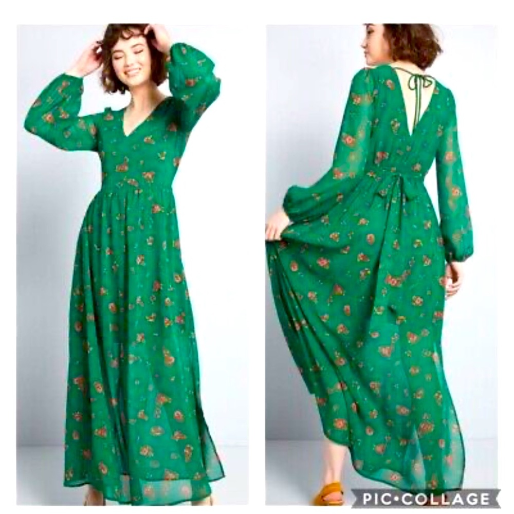 Modcloth Emerald Floral Long Sleeve Dress
